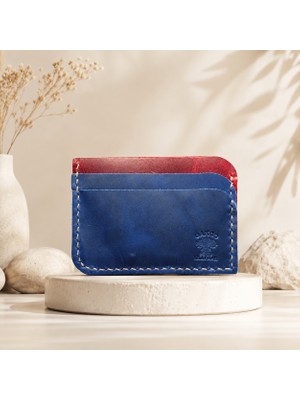 Oakco Leather Lacivert Bordo Hakiki Deri El Yapımı ince Minimal Kartlık