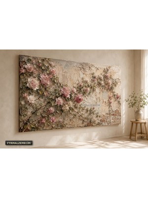 Premium Eski Duvar Üzerinde Pembe ve Beyaz Gül Dalları Çerçevesiz Kanvas Tablo
