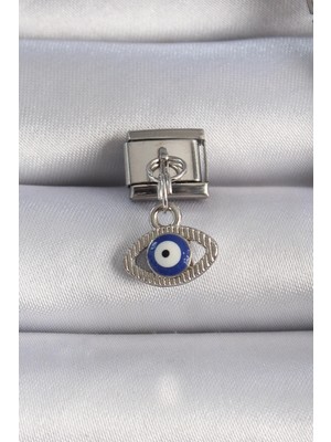 Marsilyan™- 316L Çelik Gümüş Renk Sallantılı Göz Figür Nazar Boncuk Detay Nomination Charm