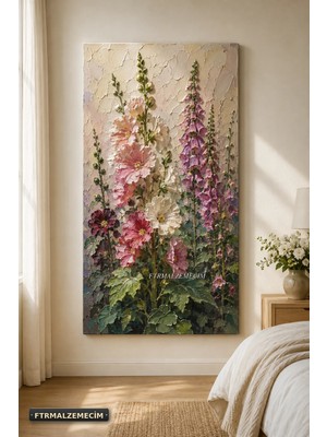 Premium Pembe Çiçekler ve Mor Çan Biçimli Dallar Çerçevesiz Kanvas Tablo