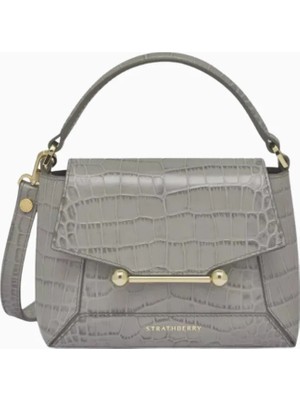 Strathberry Nano Mosaic Gri Croc Deri Top Handle Lüks El ve Omuz Çantası