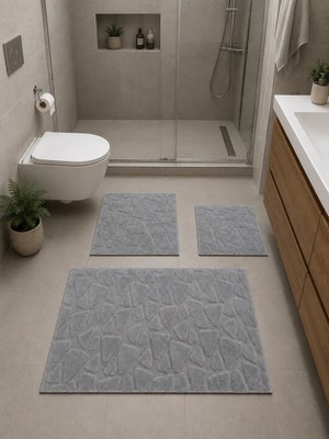 Çelebihome Gri Pamuk Banyo Paspası Makinede Yıkanabilir Kaymaz Taban Su Emici 3'lü Takım Banyo Paspası