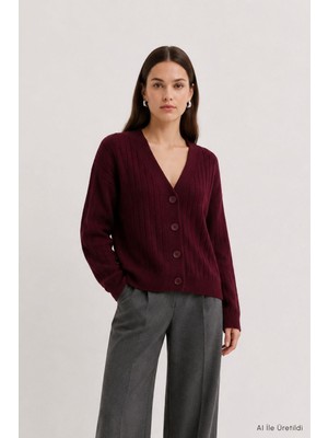 Rays Düğmeli Fitilli Hırka 0119 Bordo