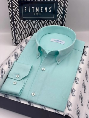 Slim Fit Uzun Kol Pamuklu Hediye Kutulu Kolay Ütülenebilir Erkek Gömlek FS-002225 - Mint