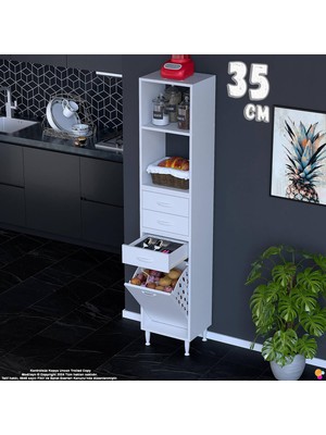 Eliusta Kumsal 35 cm Beyaz Sepetli Çok Amaçlı Mutfak Dolabı 3 Çekmeceli Açık Raflı Dolap 35X194X32 cm