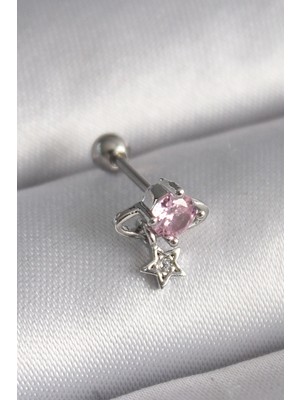Marsilyan™- 316L Çelik Gümüş Renk Pembe Zirkon Taşlı Sallantı Yıldız Detay Tragus Piercing