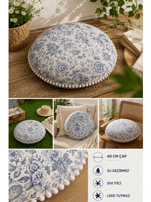 Rona Home Yuvarlak Minder 40 cm Çap Çiçekli Dekoratif Puf Minder Su Geçirmez Sıvı Itici Leke Tutmaz Ev Dekoru