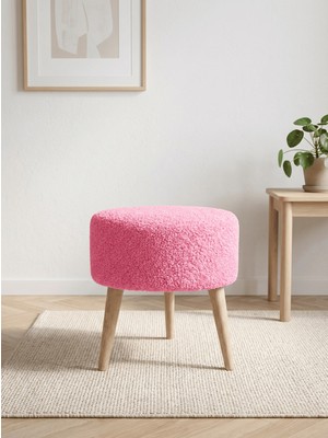 Azra Mobilya Pembe Welsoft Tüylü Yumuşak Kumaş Yuvarlak Puf, Ahşap Naturel Ayaklı Makyaj Pufu 40X42 cm