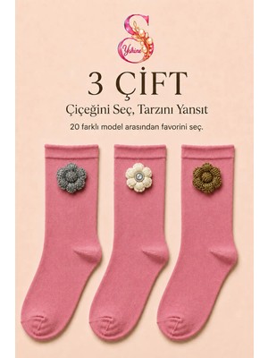 Yshine Bambu Parfümlü El Örgüsü Çiçek Detaylı Fırfırlı Kadın Soket Çorap 3'lü Premium Set
