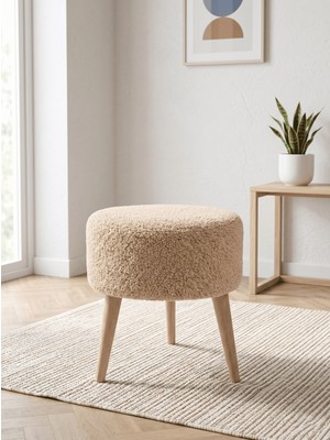 Azra Mobilya Cappuccino Bej Welsoft Tüylü Yumuşak Kumaş Yuvarlak Puf, Ahşap Naturel Ayaklı Makyaj Pufu 40X42 cm