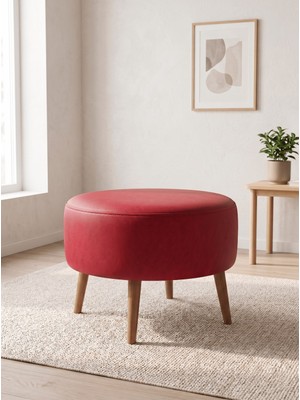 Azra Mobilya Büyük Large Puf Deri Kırmızı , Ahşap Ceviz Ayaklı Lüks Orta Sehpa ve Makyaj Pufu 60X46 cm