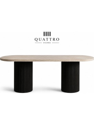 Quattro Home Lüneva Traverten Görünümlü Oval Yemek Masası – Siyah Yivli Çift Ayaklı