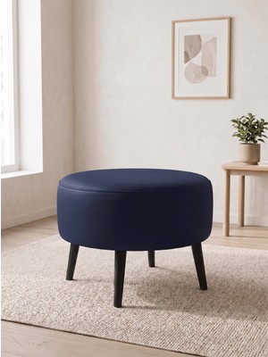 Azra Mobilya Büyük Large Puf Deri Lacivert , Ahşap Siyah Ayaklı Lüks Orta Sehpa ve Makyaj Pufu 60X46 cm