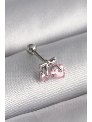 Marsilyan™- 316L Çelik Gümüş Renk Pembe Zirkon Taşlı Kalp Tragus Piercing