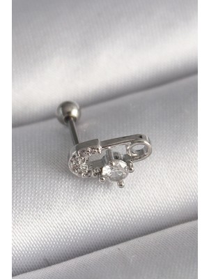 Marsilyan™- 316L Çelik Gümüş Renk Zirkon Taşlı Toplu Iğne Tragus Piercing