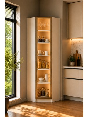 Avmpark Dolce Köşe Modül Erzak Dolabı LED Işıklı Kiler Dolabı Temperli Camlı Çok Amaçlı Dolap Kitaplık 208 cm