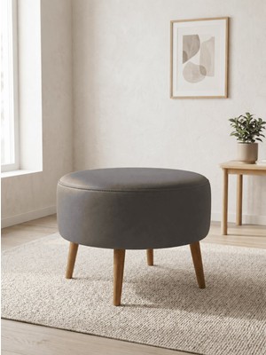 Azra Mobilya Büyük Large Puf Deri Gri , Ahşap Ceviz Ayaklı Lüks Orta Sehpa ve Makyaj Pufu 60X46 cm