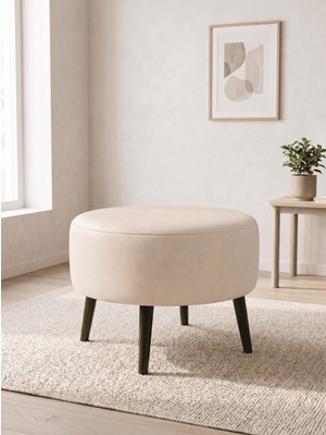Azra Mobilya Büyük Large Puf Deri Krem, Ahşap Siyah Ayaklı Lüks Orta Sehpa ve Makyaj Pufu 60X46 cm