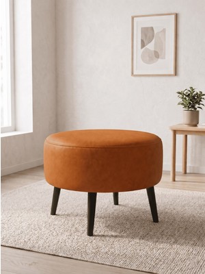 Azra Mobilya Büyük Large Puf Deri Taba , Ahşap Siyah Ayaklı Lüks Orta Sehpa ve Makyaj Pufu 60X46 cm