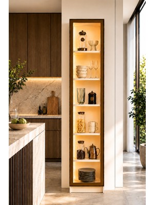 Avmpark Dolce Tek Kapaklı Erzak Dolabı LED Işıklı Kiler Dolabı Temperli Camlı Çok Amaçlı Dolap Kitaplık 208 cm