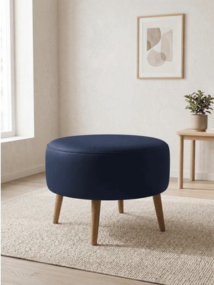 Azra Mobilya Büyük Large Puf Deri Lacivert , Ahşap Ceviz Ayaklı Lüks Orta Sehpa ve Makyaj Pufu 60X46 cm