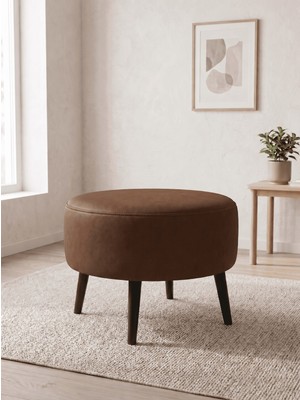 Azra Mobilya Büyük Large Puf Deri Acı Kahve , Ahşap Siyah Ayaklı Lüks Orta Sehpa ve Makyaj Pufu 60X46 cm