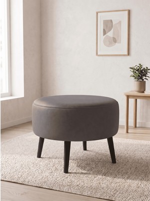 Azra Mobilya Büyük Large Puf Deri Gri , Ahşap Siyah Ayaklı Lüks Orta Sehpa ve Makyaj Pufu 60X46 cm