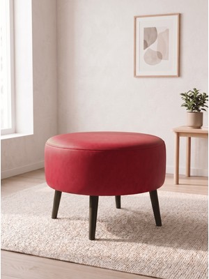 Azra Mobilya Büyük Large Puf Deri Kırmızı , Ahşap Siyah Ayaklı Lüks Orta Sehpa ve Makyaj Pufu 60X46 cm