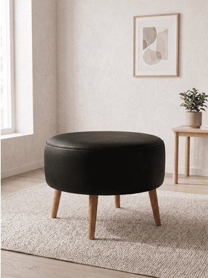 Azra Mobilya Büyük Large Puf Deri Siyah , Ahşap Ceviz Ayaklı Lüks Orta Sehpa ve Makyaj Pufu 60X46 cm