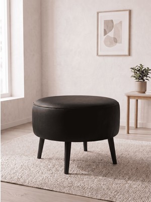 Azra Mobilya Büyük Large Puf Deri Siyah , Ahşap Siyah Ayaklı Lüks Orta Sehpa ve Makyaj Pufu 60X46 cm