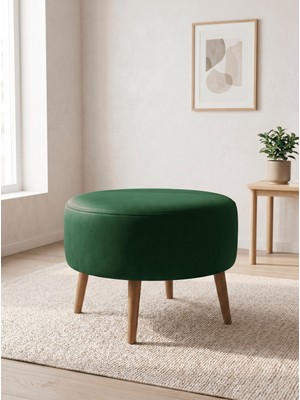Azra Mobilya Büyük Large Puf Deri Yeşil , Ahşap Ceviz Ayaklı Lüks Orta Sehpa ve Makyaj Pufu 60X46 cm