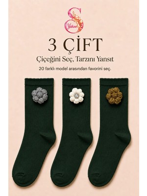 Yshine Bambu Parfümlü El Örgüsü Çiçek Detaylı Fırfırlı Kadın Soket Çorap 3'lü Premium Set