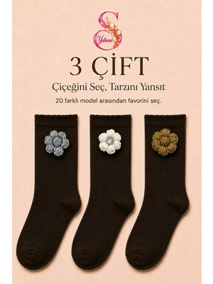 Yshine Bambu Parfümlü El Örgüsü Çiçek Detaylı Fırfırlı Kadın Soket Çorap 3'lü Premium Set