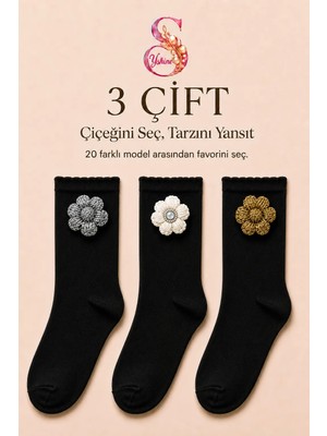 Yshine Bambu Parfümlü El Örgüsü Çiçek Detaylı Fırfırlı Kadın Soket Çorap 3'lü Premium Set