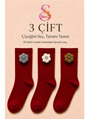 Yshine Bambu Parfümlü El Örgüsü Çiçek Detaylı Fırfırlı Kadın Soket Çorap 3'lü Premium Set