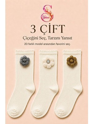 Yshine Bambu Parfümlü El Örgüsü Çiçek Detaylı Fırfırlı Kadın Soket Çorap 3'lü Premium Set