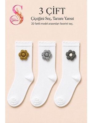 Yshine Bambu Parfümlü El Örgüsü Çiçek Detaylı Fırfırlı Kadın Soket Çorap 3'lü Premium Set