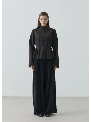 Moda Aksa 7813 Uzun Kollu Minik Düğme Bluz Kahve