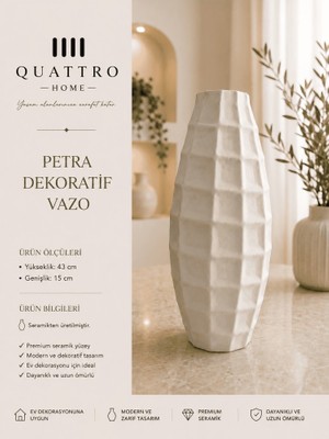 Quattro Home Petra Beyaz Geometrik Dokulu Seramik Dekoratif Vazo – Büyük Boy Modern Salon Objesi
