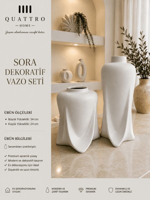 Quattro Home Sora 2’li Beyaz Seramik Dekoratif Vazo Seti– Modern Organik Form