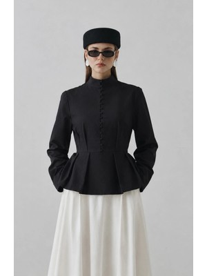 Moda Aksa 7813 Uzun Kollu Minik Düğme Bluz Siyah