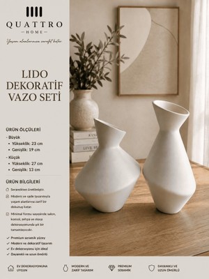 Quattro Home Lido 2’li Beyaz Seramik Dekoratif Vazo Seti– Eğik Ağızlı Modern Tasarım