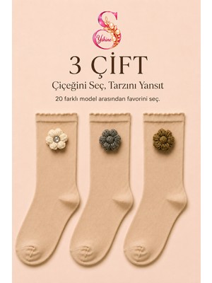Yshine Bambu Parfümlü El Örgüsü Çiçek Detaylı Fırfırlı Kadın Soket Çorap 3'lü Premium Set