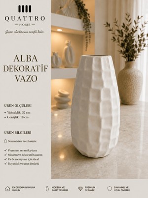 Quattro Home Alba Beyaz Dokulu Seramik Dekoratif Vazo – Modern Büyük Boy Salon Aksesuarı