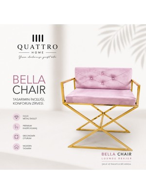 Quattro Home Bella Chair Pembe Kadife Lounge Berjer - Gold Metal Iskeletli Modern Koltuk