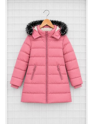 Kız Çocuk Pembe Şişme Mont Kapüşonlu Kürklü Kışlık Uzun Model