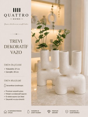 Quattro Home Trevi Beyaz Çift Hazneli Seramik Dekoratif Vazo – Modern Konsol ve Salon Aksesuarı