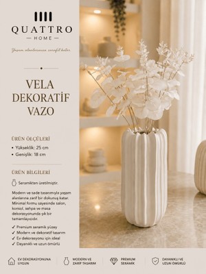 Quattro Home Vela Beyaz Oluklu Seramik Dekoratif Vazo – Modern Çiçeklik ve Salon Aksesuarı