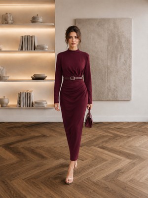 Moda Leyra Kadın Kemer Detaylı Büzgülü Uzun Kollu Likralı Elbise Modal Kumaş