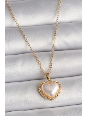 Marsilyan™- 316L Çelik Gold Renk Zincir 3D Inci Kalp Model Kadın Kolye